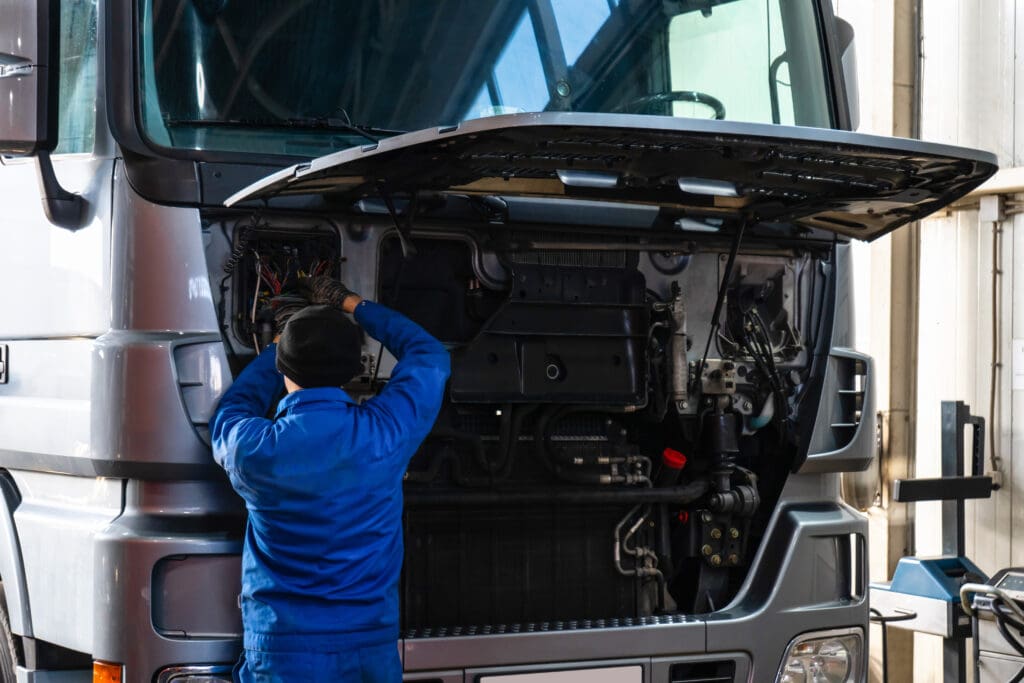 A mechanic in a blue uniform works on the exposed engine of a large truck with its hood raised, performing MOT Servicing inside an approved garage.