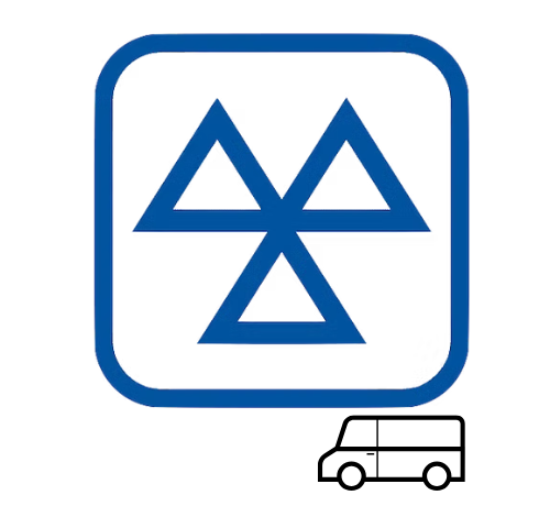A blue MOT test symbol with three triangles inside a rounded square, representing vehicle inspection, with a small outline of a van in the bottom right corner.