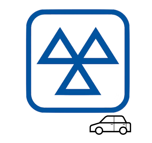 Blue MOT test symbol with three triangles inside a square, and a simple black outline of a car in the lower right corner on a white background.
