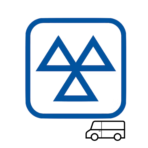 Blue MOT test symbol inside a square border with a small outline of a van in the bottom right corner, on a white background.