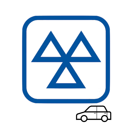Blue MOT test symbol inside a square, representing vehicle inspection, with a small outline of a car in the bottom right corner on a white background.